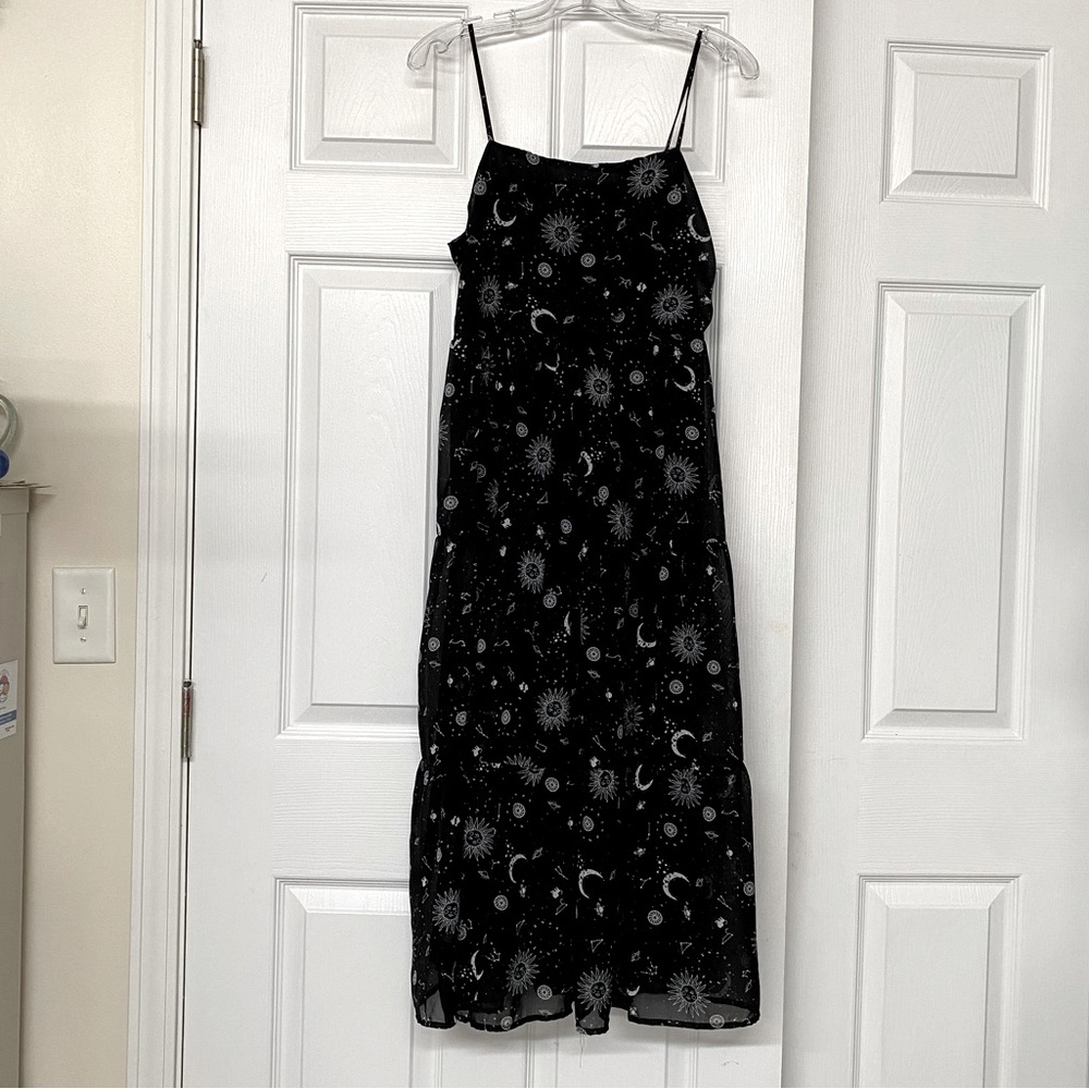Celestial Print Black Tiered Maxi Dress Smocked Back Peasant BoHo Sz L